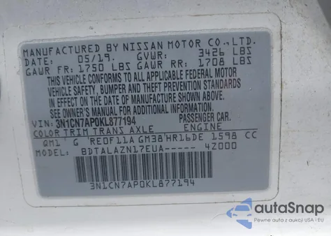 2019 Nissan Versa 1.6 S+ из США, поврежденный, VIN 3N1CN7AP0KL877194